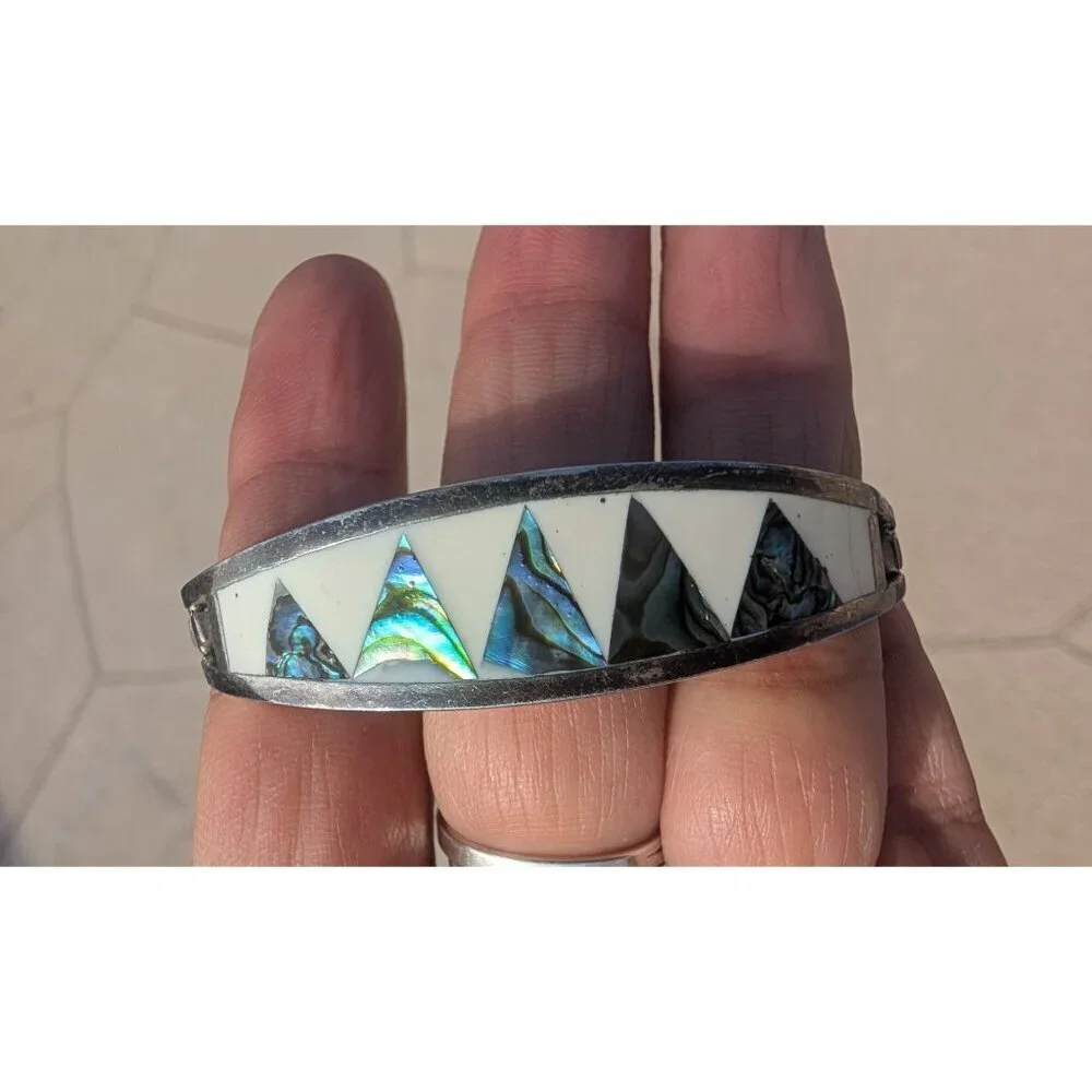 Vtg Mexican Bracelet Alpaca Silver Cuff Abalone & mother pearl inlay handmade